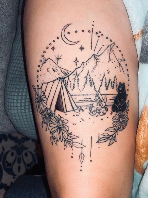 Mountain Tattoo Unique, North Dakota Tattoo, Mountain Tattoo Leg, Camping Tattoo For Women, Flower Leg Tattoos, Cross Stitch Tattoo, Camping Tattoo, Moon Mushroom, Circular Tattoo