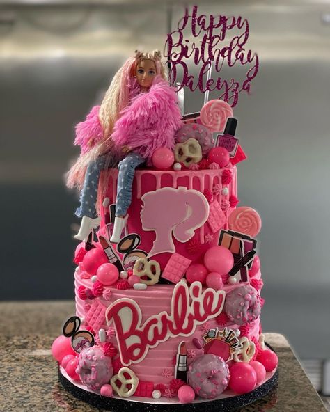 #CakeGoals: 29 Amazing Barbie Cake Ideas to Inspire You Simple Barbie Themed Birthday Party, 30th Birthday Barbie Cake, Barbie Cake 7th Birthday, Barbie Birthday Party Ideas For Women, 21st Birthday Ideas Barbie, Pink Barbie Birthday Cake, Barbie Theme Cakes, Black Barbie Birthday Cake, Pink Barbie Cake Birthdays