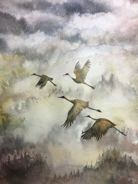 A group of cranes flying through misty mountains Crane Fly, Misty Mountains, Japanese Art Prints, Newport News, Birds Flying, Birds Painting, In The Mountains, Bird Art, Japanese Art