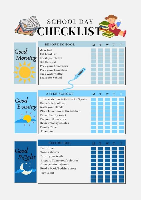 Printable Daily Back to School Checklist weekdayplanner #cuteplannerideas #plannersfor2019🌱 Before And After School Checklist, Kids After School Schedule, School Calendar Ideas For Kids, School Day Checklist, Morning Schedule Before School, What To Do The Day Before School Starts, After School Routine For Kids, Before School Checklist, School Clothes Organization