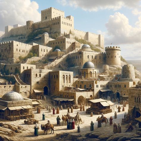 A historically accurate depiction of the ancient hill of Zion in Jerusalem, highlighting the Jebusite fortress that King David captured. The scene should include the early structures of the City of David, showcasing ancient Middle Eastern architecture with stone buildings and fortifications. The setting is during the time of King David, with a clear sky and the city bustling with activity.... Ancient Middle Eastern Architecture, Middle Eastern Buildings, Middle Eastern Architecture, Biblical Illustrations, Ancient Fortress, Eastern Architecture, Greek Buildings, City Of David, Stone Buildings