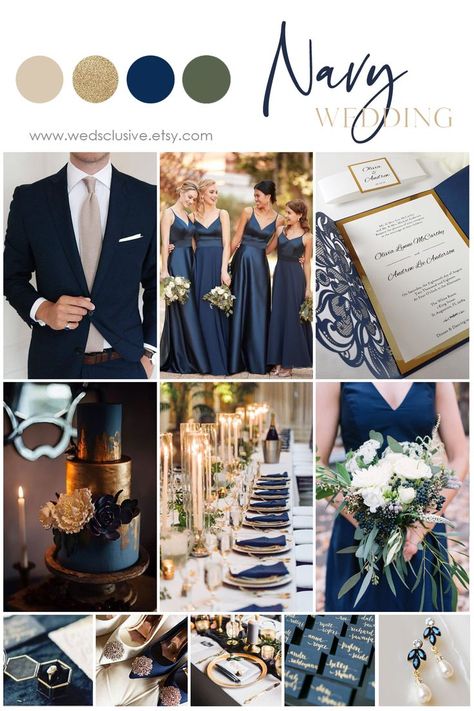 For those of you looking to create a sleek & sophisticated celebration, this navy and gold wedding color inspiration is for you! You might think that Navy blue is a bit too masculine and a bit dark and wintry. But, as with any colour combination, it's the way you employ the primary shades, and the complementary tones you add to the palette that create the look. This look is all about rich gold added to creamy backgrounds, and dark sparkling navy to give that opulent feel. #wedding #invitations Wedding Color Dark Blue, Wedding Gold And Blue, Wedding Colour Schemes Navy, Wedding Color Schemes Navy Blue And Gold, Navy Blue Gold Wedding Theme, Beige And Navy Blue Wedding Theme, Navy Blue Wedding Scheme, Wedding Navy And Gold, Dark Blue Wedding Color Schemes