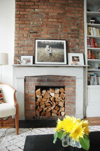 Wood Stacked In Fireplace, Wood In Fireplace Stacked, Fireplace Alternatives, Stacked Firewood, Empty Fireplace Ideas, Exposed Brick Fireplaces, Unused Fireplace, House Fireplace, Fireplace Feature Wall