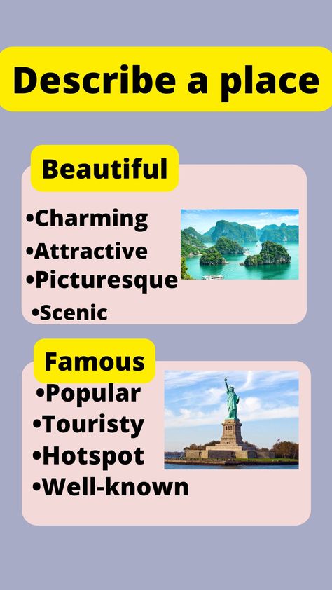 English vocabulary Adjective To Describe Place, Adjectives To Describe A Place, Describing Places Vocabulary, Adjectives Describing Places, Describing A Place Writing, Ielts Synonyms Words, Adjectives To Describe Places, Improve English Writing Skills, American English Words