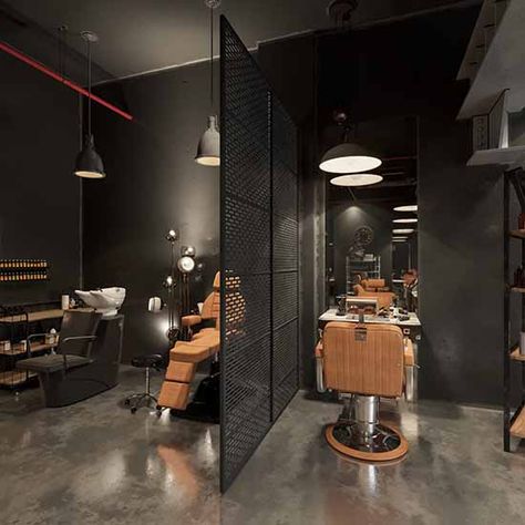 Barber Shop Design | Trusted Barber Interior Designer in UAE Barbershop And Tattoo Studio, Men Salon Design Barber Shop, Barbershop Design Interior Modern, Men Barber Shop Design, Barbershop Design Interior Ideas, Industrial Barbershop, Modern Barber Shop Ideas Interior Design, Parlour Interior Design, Barber Interior