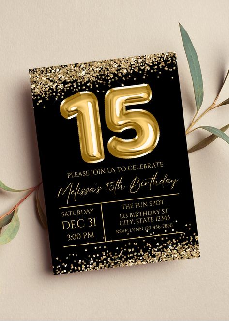 Black And Gold Birthday Invitations, Black And Gold Invitations, Email Invitation, Black Invitation, Gold Invitations, 15th Birthday, Balloon Design, Gold Birthday, Birthday Dinners