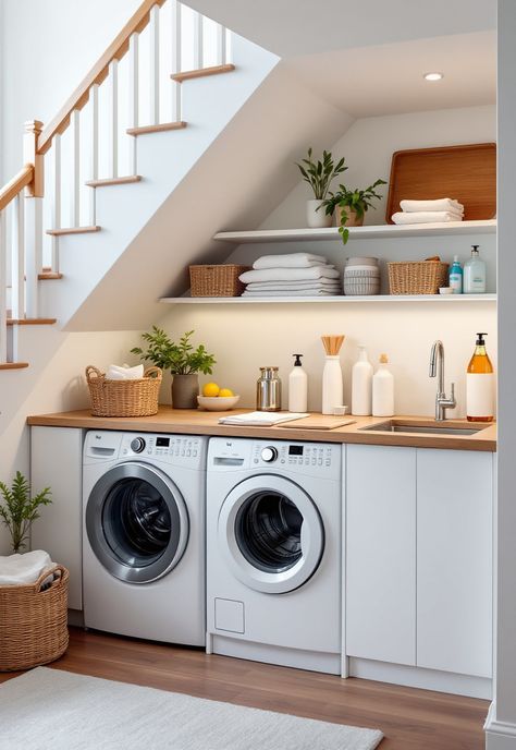 Staircase Storage Under Stairs Staircase Laundry Room, Laundry Room Stairs, Under Stairs Washing Machine, Washing Machine Under Stairs, Under Stair Laundry, Washer Dryer Under Stairs, Under The Stairs Laundry Room, Laundry Under Stairs, Laundry Under Staircase