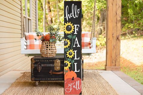 Hello Fall Y Outdoor Thanksgiving, Porch Pumpkins, Wooden Porch, Thanksgiving Greetings, Door Displays, Fall Front Porch, Harvest Decorations, Welcome Fall, Porch Sign