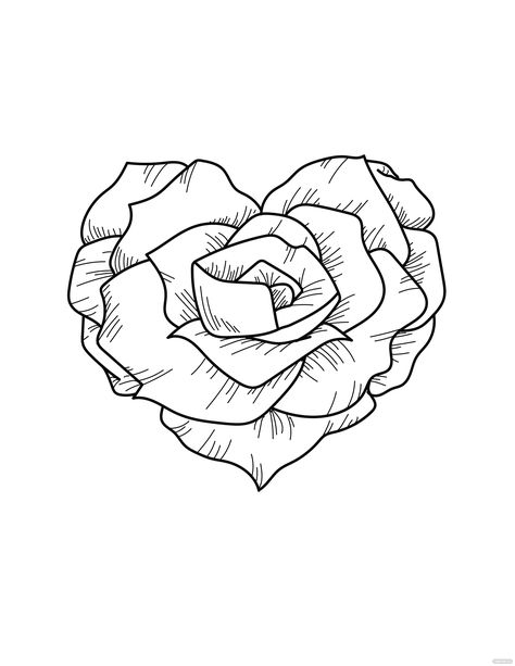 Flower Drawing Ideas Creative, Rose Drawings Simple, Heart Shaped Rose Tattoo, Heart And Rose Drawing, Hearts And Roses Drawing, Heart Stencil Tattoo, Rose Tattoo Stencils, Tattoo Templates Stencil, Heart Rose Drawing