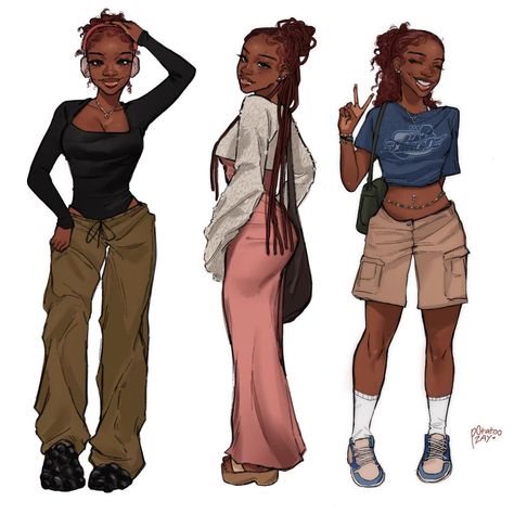 Potato Zay on Instagram: “I should do one of these for all my characters! i love showing their aesthetic and how they’d dress, it just makes them have more…” Art Black Love, Aesthetics Anime, Drawing Styles, Earthy Outfits, Comic Style Art, Black Cartoon Characters, Black Art Painting, Black Anime, Black Characters