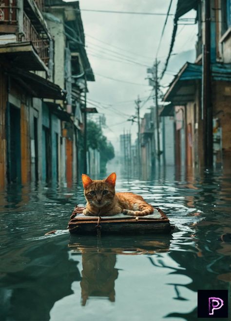 Amidst the surreal scene of a flooded city, a lone cat floats gracefully on a makeshift raft, navigating the waterlogged streets with quiet resilience. Witness the unexpected beauty amidst chaos.   What can you create today?   🐱🌊 #AI #Art #PicassoAIArt Flooded City Art, Flooded City, Unexpected Beauty, Surreal Scenes, The Unexpected, City Art, Rafting, Writing Prompts, Surrealism