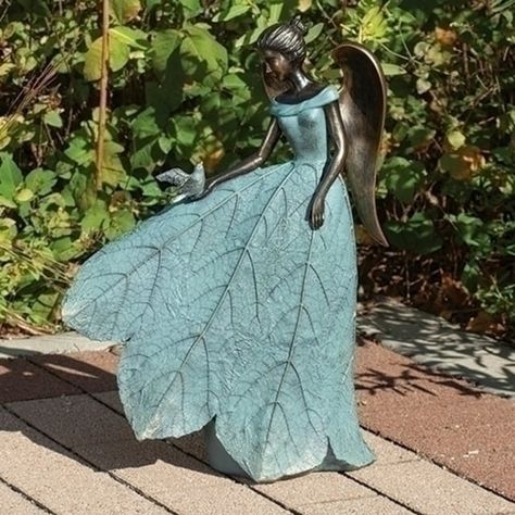 Spiritual Garden, Garden Fairies Figurines, Leaf Skirt, Garden Figures, Outdoor Garden Statues, Fairy Statues, Garden Angels, Blue Angel, Dry Creek