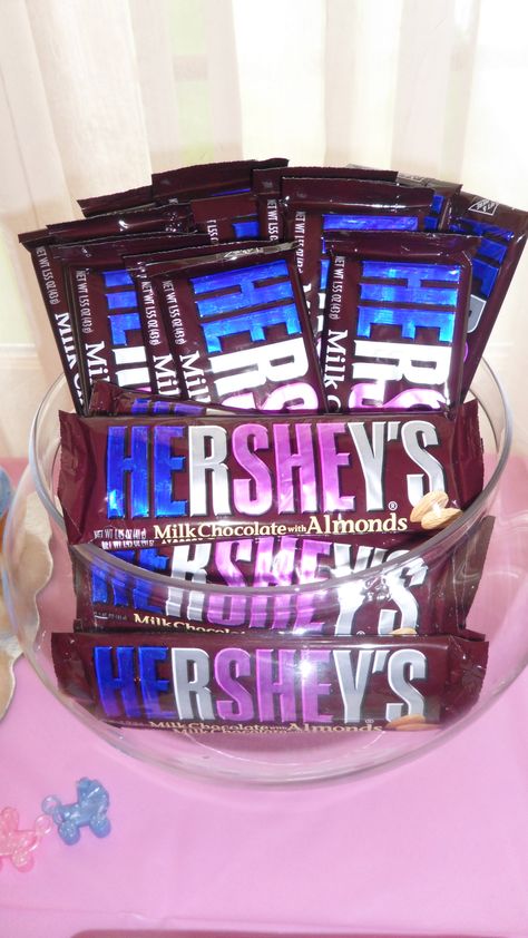 HE or SHE hershey bars :) Hot Chocolate Bar, Hershey's Chocolate, Hershey Bar, Hot Chocolate Bars, Hershey Chocolate, He Or She, Reveal Party, Chocolate Almonds, Reveal Parties