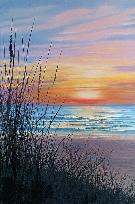 Seascape Drawing Easy, Painting Ideas On Canvas Beach Sunset, Water Sunset Painting, Beach Painting Sunset, Watercolor Sunsets, Ocean Sunset Painting, Beach Scene Painting, Beach Art Painting, Canvas For Beginners