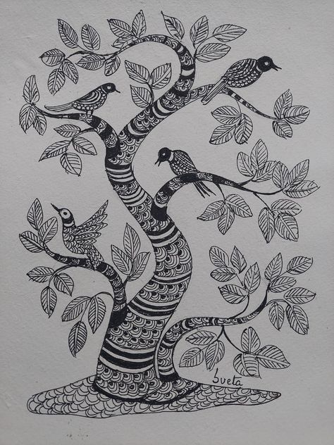 Ink on paper 11x15 inches Gond art Gond Art Trees, Gond Painting Folk Art Tree Of Life, Madhubani Art Black And White, Gond Art Motifs, Gond Art Peacock, Gond Painting Folk Art, Madhubani Paintings Peacock, Life Black And White, Mithila Art