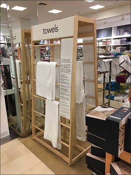 Macys Freestanding Towel Trapezoid Display Rack 3 Fabric Store Design, Towel Display, Retail Inspiration, Showroom Interior Design, Linen Store, Showroom Design, Rack Design, Boutique Interior, Retail Interior