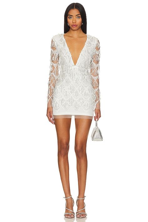 Lovers and Friends Riley Embellished Fringe Mini Dress in Disco Silver | REVOLVE Fringe Dress With Sleeves, White Reception Dress Brides, Bachelorette Dress For Bride, White Reception Dress, Sequin Fringe Dress, Bridal Era, Bride Reception Dresses, Reception Dresses, Black Fringe Dress