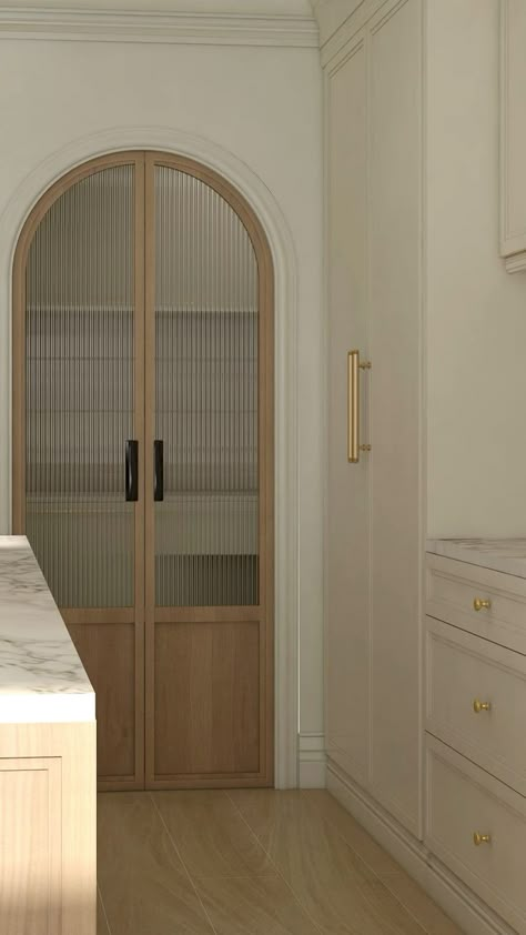 Arch Door Pantry, Arched Closet Doors, Arch Dining Room, Modern Sleek Bedroom, Arched Kitchen Cabinets, Ribbed Glass Door, French Doors To Office, Modern Pantry Door, Fluted Glass Cabinet