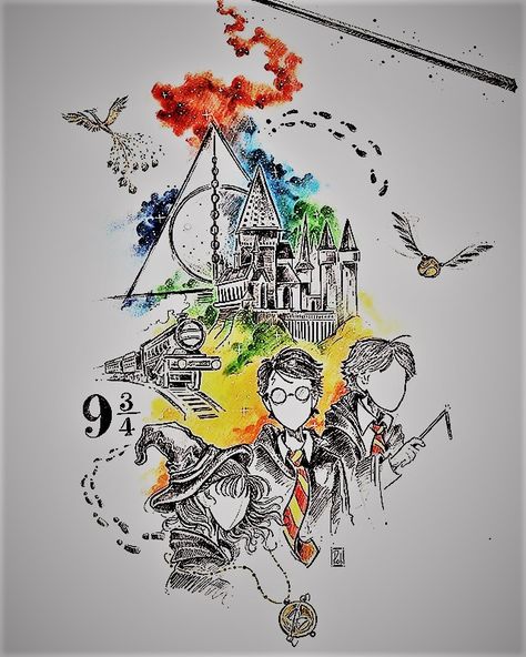 Hogwarts Castle Drawing, Hogwarts Castle Tattoo, Marvel Tattoo Ideas, Harry Potter Tattoo Sleeve, Harry Potter Sketch, Harry Potter Monopoly, Harry Tattoos, Harry Potter Colors, Imprimibles Harry Potter