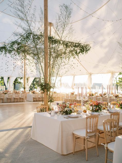 Backyard Wedding Reception Tent Long Tables, Wedding On Water Ideas, Waterfront Tent Wedding, Tent Wedding Table Layout, Italian Tent Wedding, Tent Wedding Florals, Lake Ceremony Wedding, Lake Side Wedding Decor, Waterfront Wedding Decor