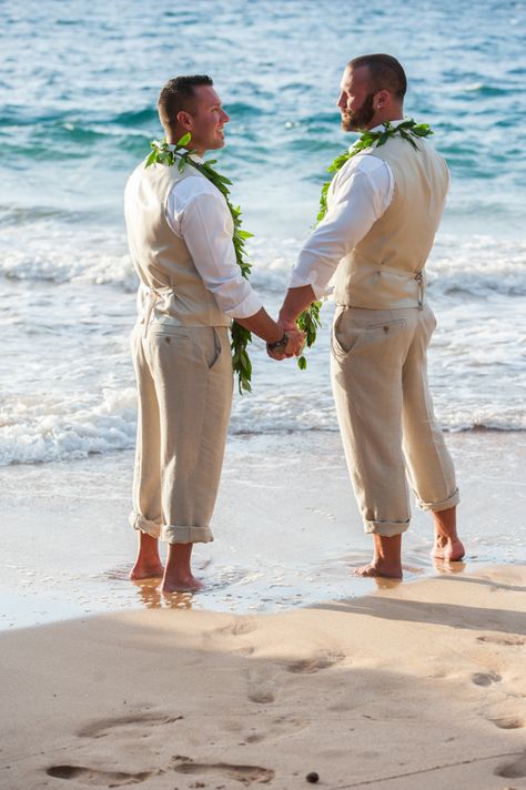 Grooms Ryan and Tyler soaked up the sun in Maui, Hawaii for their beach gay wedding! {Mariah Milan} | gay wedding | lgbt wedding | beach wedding | Hawaii wedding | khaki suit Gay Beach Wedding, Wedding Suit Men, Gay Wedding Photos, Gay Wedding Ideas, Lgbtq Weddings, Khaki Suit, Hawaii Beach Wedding, Gay Weddings, Wedding Hawaii