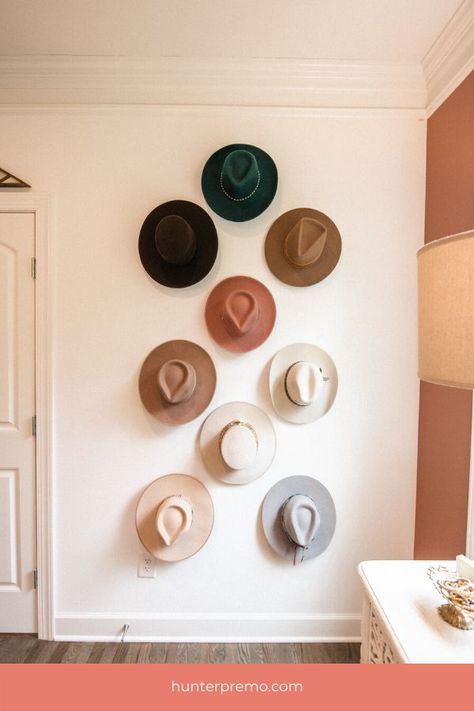 Hat Wall Display Bedrooms, Hat Wall Display, Hunter Premo, Wall Hats, Hat Wall, Hanging Hats, Hat Organization, Hat Display, Boutique Decor