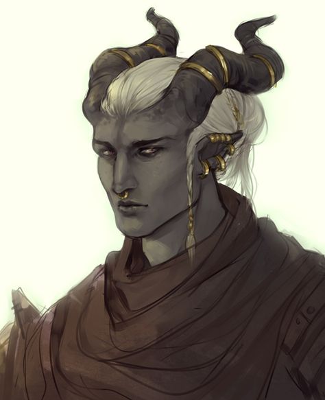 Character design Teifling Horn Jewelry, Adaar Dragon Age, Dragon Age Qunari Art, Horn Jewelry Drawing, Qunari Male Art, Tiefling Ears, Horn Jewelry Tiefling, Tiefling Jewelry, Tiefling Horn Jewelry