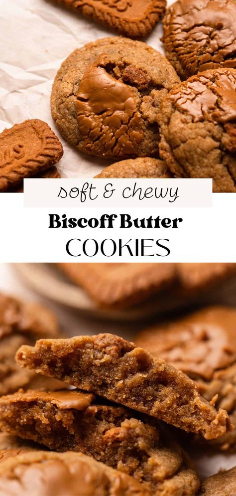 These Biscoff butter cookies are soft and chewy with tons of cinnamon and brown sugar flavor from Biscoff cookie butter! There is cookie butter (or Speculoos) and Biscoff cookie pieces folded in the dough and more Biscoff spread dolloped on top for a gooey finish. This is a no-chill cookie recipe made in 1 bowl that comes together in just 25 minutes! Biscoff Cookie Dough, Biscoff Cookie Recipes Easy, Cookie Butter Uses, Biscoff Butter Cookies Recipe, Biscoff Crumble Cookie Recipe, Browned Butter Cookie Recipes, Baking With Biscoff, Homemade Biscoff Cookies, Biscoff Butter Cookies