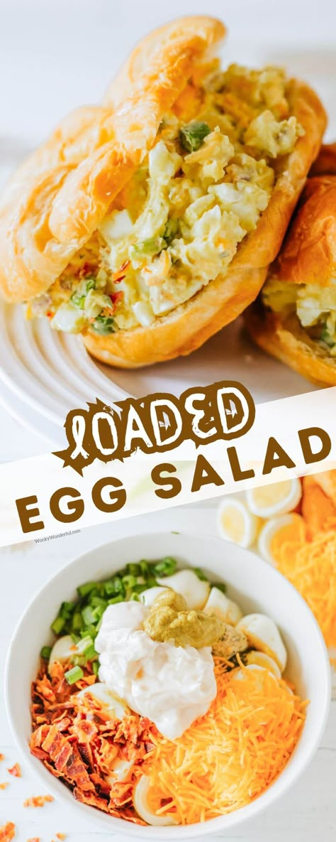 LOADED BACON AND EGG SALAD is an easy flavorful lunch or dinner. Egg salad amped up with bacon, cheddar, parsley and green onion. Loaded Egg Salad, Bacon Egg Salad Sandwich, Bacon And Egg Salad, Bacon Egg Salad, Breakfast Sides Dishes, Spicy Chicken Sandwiches, Quick Lunch Recipes, Salad Rolls, Turkey Salad