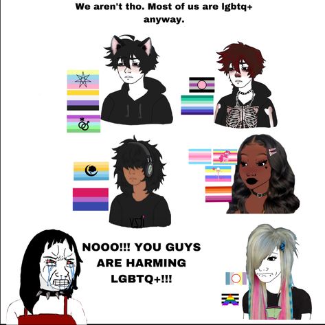 A girl with black hair, spiked collar, and red tank top cries violently. She states, “NOO!!! YOU GUYS ARE HARMING LGBTQ+” 5 people of various appearances, genders,  and sexualities respond with, “We aren’t tho. Most of us are LGBTQ+ anyway. Unknown Lgbtq Flags, Sexuality Flags Meanings, Are You Still Alive, Anti Lgbt, Aromantic Flag, Queer Pride Flag, Anti Flag, Human Flag, Gender Flags