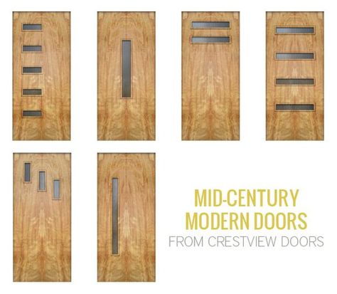 Modern Door Designs with Geometric Glass Panel Inserts in Mid Century Style Mid Century Front Door, Mid Century Doors, Mid Century Modern Front Door, Mid Century Modern Door, Entry Door Designs, Modern Garage Doors, Mid Century Exterior, Modern Doors, Black Interior Doors