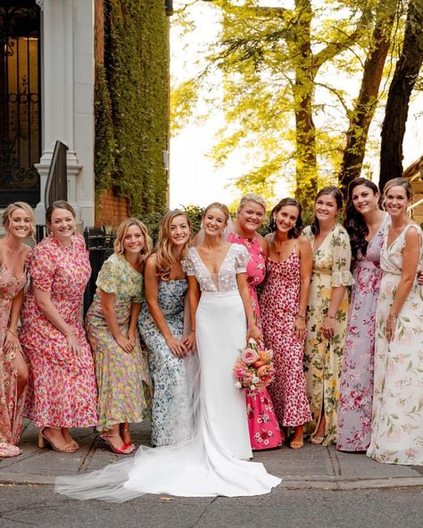 Bridesmaid Dresses Spring Mismatched, June Wedding Dress, Eclectic Bridesmaid Dresses, Colorful Bridal Party, Playful Wedding, Inexpensive Wedding Flowers, Floral Bridesmaid Dresses, Crepe Skirt, Floral Bridesmaid