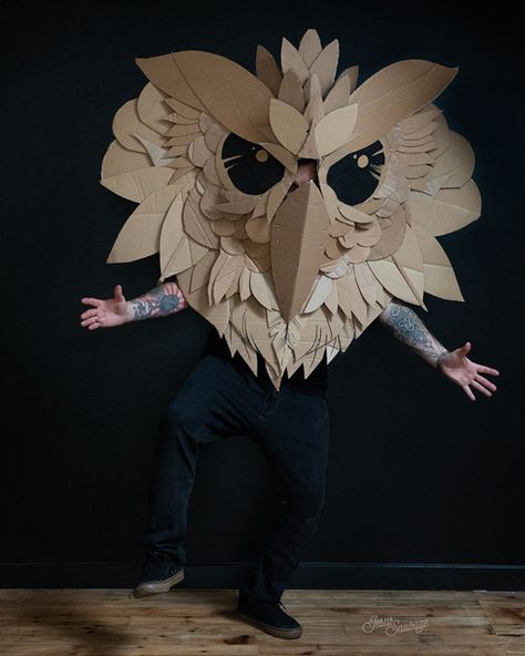 Cardboard Costumes, Cardboard Art Projects, Arte Pop Up, Cardboard Costume, Cardboard Mask, Owl Mask, Owl Costume, L Design, Cardboard Sculpture