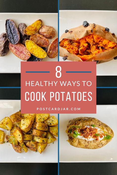 Healthy ways to cook potatoes, shows potatoes served on white serving dishes. Ways To Eat Potatoes, Noom Healthy Meals, Ways To Cook Potatoes, Perfect Baked Sweet Potato, Cook Potatoes, Making Baked Potatoes, Roasted Fingerling Potatoes, Healthy Potatoes, Ways To Eat Healthy