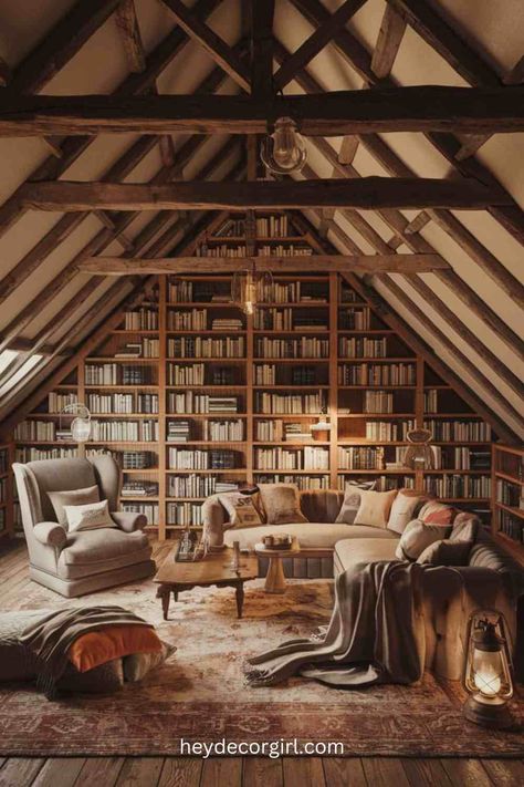 Third Floor Attic Ideas, Lofted Library, Attic Library Ideas, Library Loft, Attic Nook, Attic Library, Cozy Home Library, Cozy Attic, Attic Office