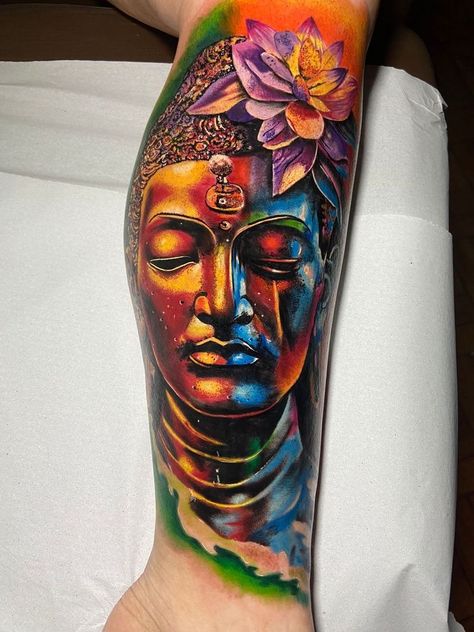 Buddha Arm Tattoo, Colour Tattoo Designs, Long Sleeve Tattoo, Ryan Tattoo, Buda Tattoo, Buddha Monk, Stag Tattoo, Spider Web Tattoo, Pop Art Tattoos