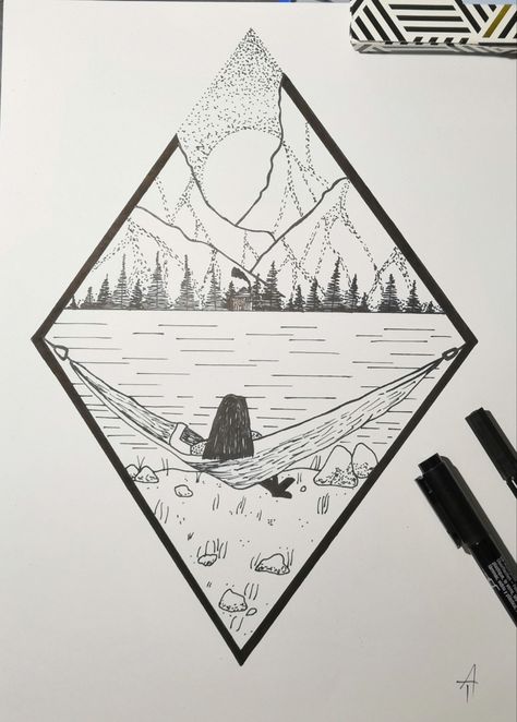 Hammock, love, life Hammock Tattoos, Hammock Tattoo Ideas, Hammock Drawing, Hammock Tattoo, Lake With Mountains, Diving Tattoo, Drawing Landscapes, Summer Sketches, Dove Tattoos