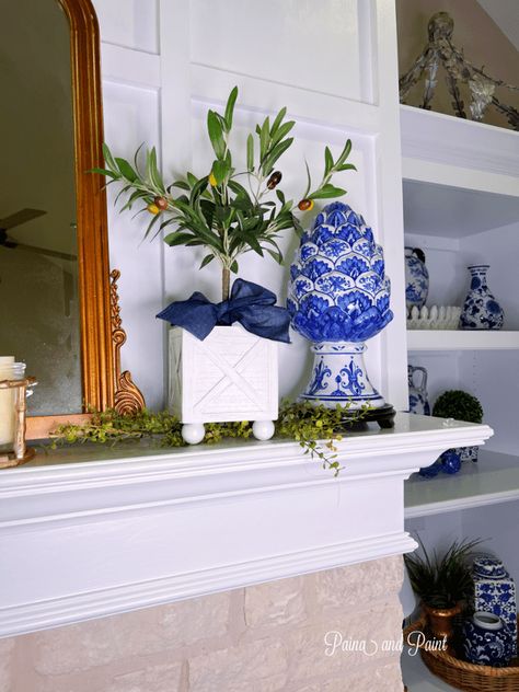 Blue And White Mantle Decor, Blue And White Mantle, Mantle Decorating Ideas Everyday, Traditional Mantle Decor, Traditional Mantle, White Planter Boxes, White Mantle, Mantel Decorating, Built In Shelves Living Room