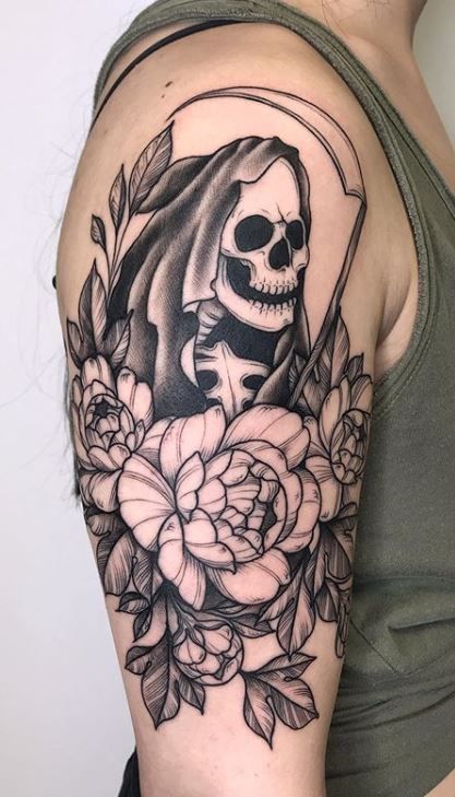 Pretty Grim Reaper Tattoo, Floral Grim Reaper Tattoo, Grim Reaper Woman Tattoo, Grim Reaper Flower Tattoo, Girly Grim Reaper Tattoo, Grim Reaper Tattoo Women, Grim Reaper Tattoo For Women, Feminine Grim Reaper Tattoo, Reaper Shoulder Tattoo