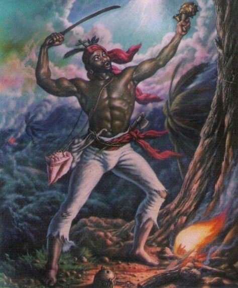 Dutty Boukman (Also known as "Boukman Dutty") (died 7 November 1791) was an early leader of the Haitian Revolution, enslaved in Jamaica and later in Haiti. He is considered to have been both a leader of maroons and Vodou hougan (priest).  Boukman alongside Cécile Fatiman, a Vodou mambo, presided over the religious ceremony at Bois Caïman, in August 1791, that served as the catalyst to the 1791 slave revolt which is usually considered the beginning of the Haitian Revolution. Haitian Revolution Art, Haitian Tattoos, Elijah Tattoo, Haitian Tattoo, Haiti History, Haitian Revolution, Revolution Art, History Articles, Haitian Art