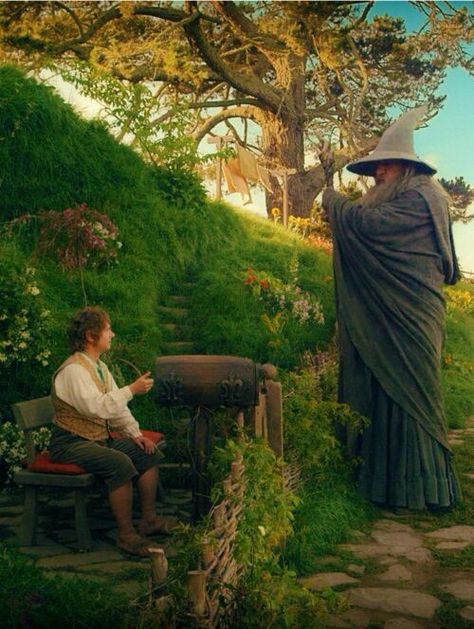 BILBO AND GANDALF IN THE SHIRE Casa Do Hobbit, Hobbit An Unexpected Journey, Concerning Hobbits, Hobbit Art, Gandalf The Grey, Middle Earth Art, Into The West, Lotr Art, Bilbo Baggins