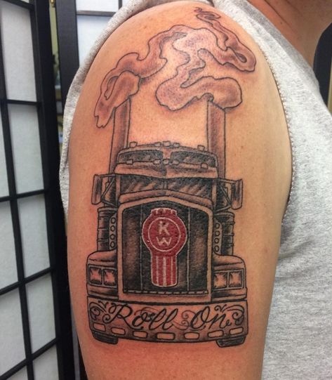 Semi truck memorial bicep piece by Carrie!  #920tattoocompany #920tattooco #920tattoo #920 #oshkosh #oshkoshwi #wi #wisconsin #wisconsintruckers #semi #semitruck #semitattoo #semitrucktattoos #rollon #memorialtattoo #dumptrucksinth920 #tattoo #tattoos Kenworth Tattoo Ideas, Transport Truck Tattoo, Semi Truck Tattoo Ideas, Kenworth Tattoo, Peterbilt Tattoo, Semi Truck Tattoo, Trailer Tattoo, Amy Tattoo, Trucker Tattoo