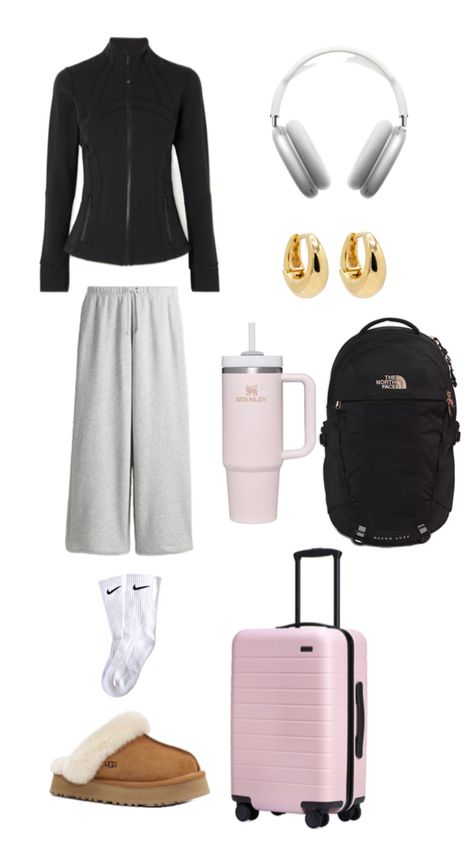 Lululemon Scuba Jacket, AirPod Pro Max, UGG Disquette slippers, grey sweatpants, Stanley Tumbler, gold hoop earrings, Northface Recon Luxe Backpack, Nike socks, pink luggage Nike Pro Sweatpants, Nike Pro Outfit, Backpack Nike, Sweatpants Nike, Pink Luggage, Nike Backpack, Scuba Jacket, Stanley Tumbler, Nike Socks