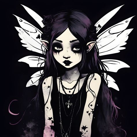 Goth Fairy Art, Emo Vs Goth, Goth Fairy Aesthetic, Goth Cottagecore Aesthetic, Fairy Goth Aesthetic, Faerie Goth, Fairy Pfp, Sapphic Art, Faerie Aesthetic