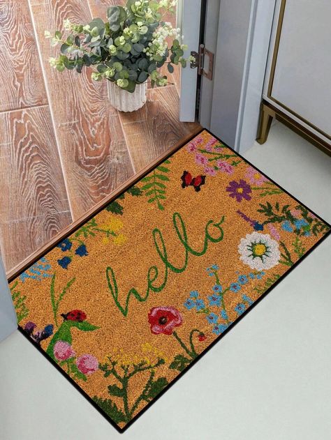 1pc Floral & Letter Graphic Door Mat | SHEIN USA Doormat Ideas, Stair Railing Design, College Dorm Room Decor, Front Door Mats, Spring Door, Welcome Door Mats, Railing Design, Floral Letters, Apartment Decorating