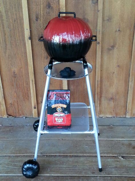 BBQ Pit Pumpkin for Halloween Pumpkin Decorating Contest! No Carved Pumpkins, Contest At Work, Best Painted Pumpkins, Halloween Pumpkin Competition, Pumpkin Decorating Contest Grill, Decorating Pumpkin Ideas No Carve, Pumpkins For Contest, Pumpkin Carving Ideas Cowgirl, Fish Pumpkin Decorating Ideas