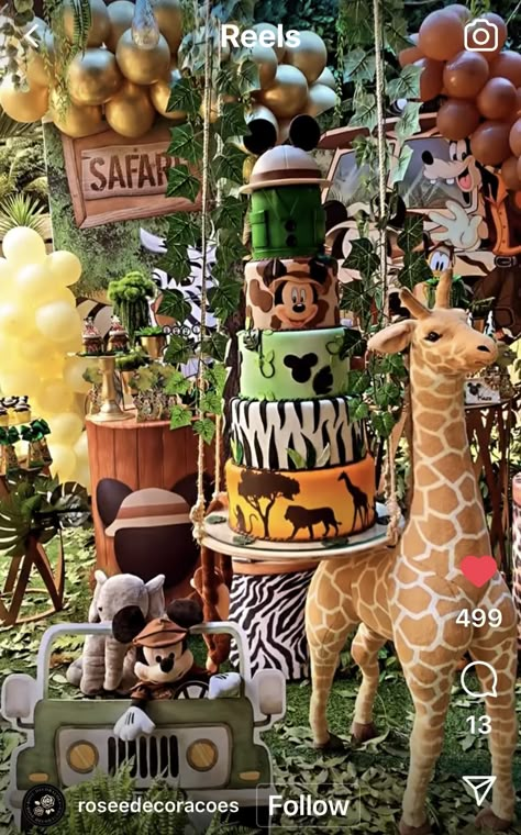 Mickey And Minnie Safari Party, Animal Kingdom Birthday Party, Mickey Mouse Safari Birthday Cake, Mickey Safari Birthday Decorations, Mickey Safari Cake, Mickey Mouse Safari Birthday, Γενέθλια Mickey Mouse, Disney Princess Birthday Cakes, Safari Birthday Party Decorations