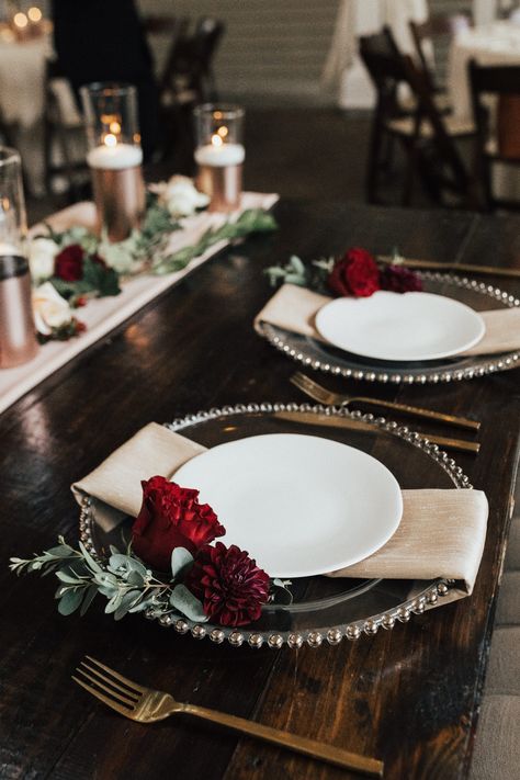 Pretty burgundy and champagne place setting. Cadey + Nathan's moody rose gold fall wedding at garden wedding venue CJ's Off the Square outside of Nashville, TN. Photos: Katherine Joy. Floral: Enchanted Florist. Rentals: Southern Events. Birthday Place Settings, Rose Gold And Dark Wine Wedding, Winter Burgundy Wedding, Winter Wedding Burgundy And Gold, Cabernet And Champagne Wedding Colors, Sage Red Wedding, Winter Wedding Place Settings, Christmas Wedding Venues, Burgundy And Champagne Wedding Decor