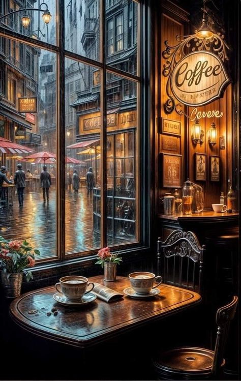 Fantasy Cafe, Rain And Coffee, Dark Academia Wallpaper, Digital Art Photography, Coffee Shop Aesthetic, Dreamy Artwork, Academia Wallpaper, Casa Exterior, Cozy Cafe