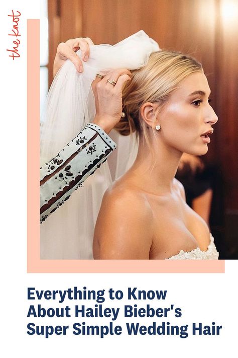 Want to rock Hailey Bieber's pearl-adorned wedding hair updo? It’s surprisingly a super simple wedding hairstyle. She rocked a laid-back look: A low chignon with a sleek center part and pearl hair pins. For the ceremony, Beiber wore a custom embroidered veil. Check out more wedding hairstyle inspiration on The Knot! Center Part Low Bun Wedding Updo, Low Knotted Bun Wedding, Low Bun With Hair Pins, Wedding Hair Hailey Bieber, Hailey Wedding Hair, Hailey Bieber Wedding Veil, Chic Bun Wedding Hair, Hailey Beiber Bride, Hailey Bieber Wedding Hair And Makeup